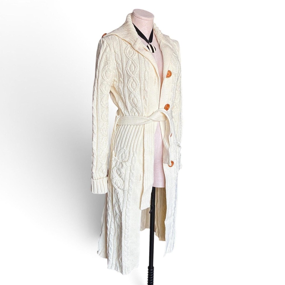 Vintage 70s Longline Cable Knit Sweater Cream Belted Shawl Collar - Picture 8 of 9